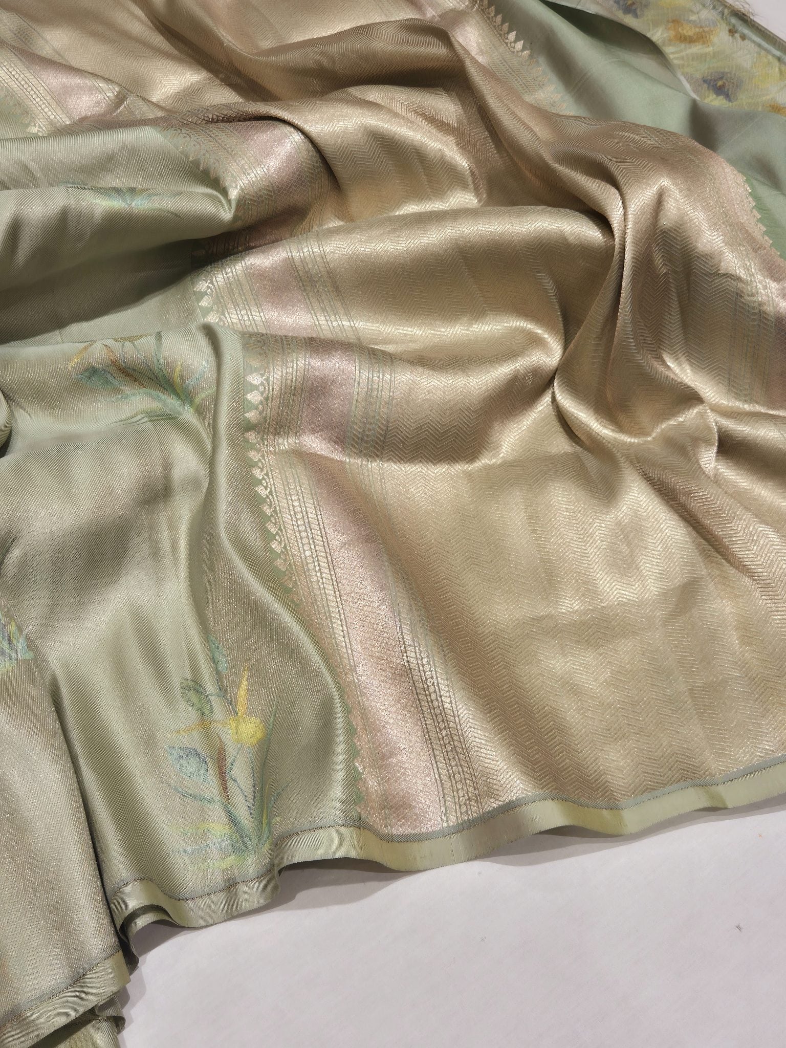 Pista Green Mulberry Silk Banarasi saree front drape view