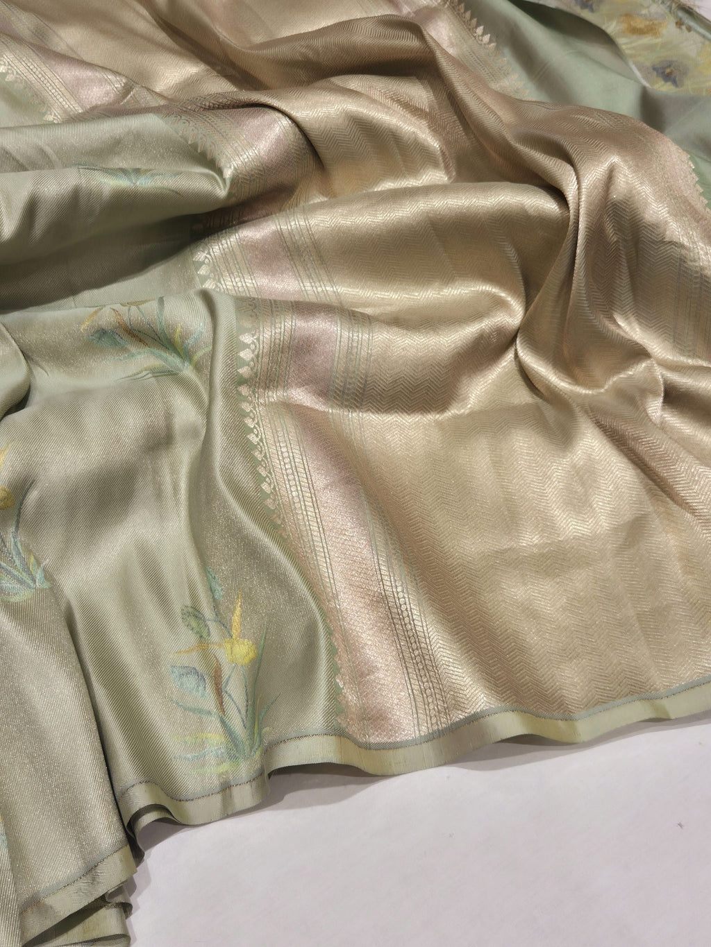 Pista Green Mulberry Silk Banarasi saree pallu detail