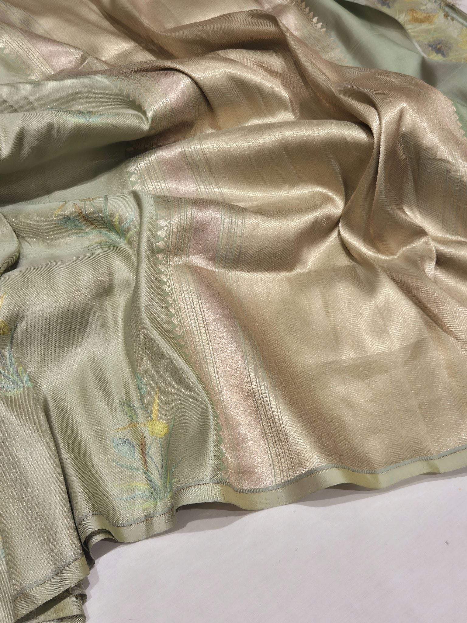 Pista Green Mulberry Silk Banarasi saree pallu detail