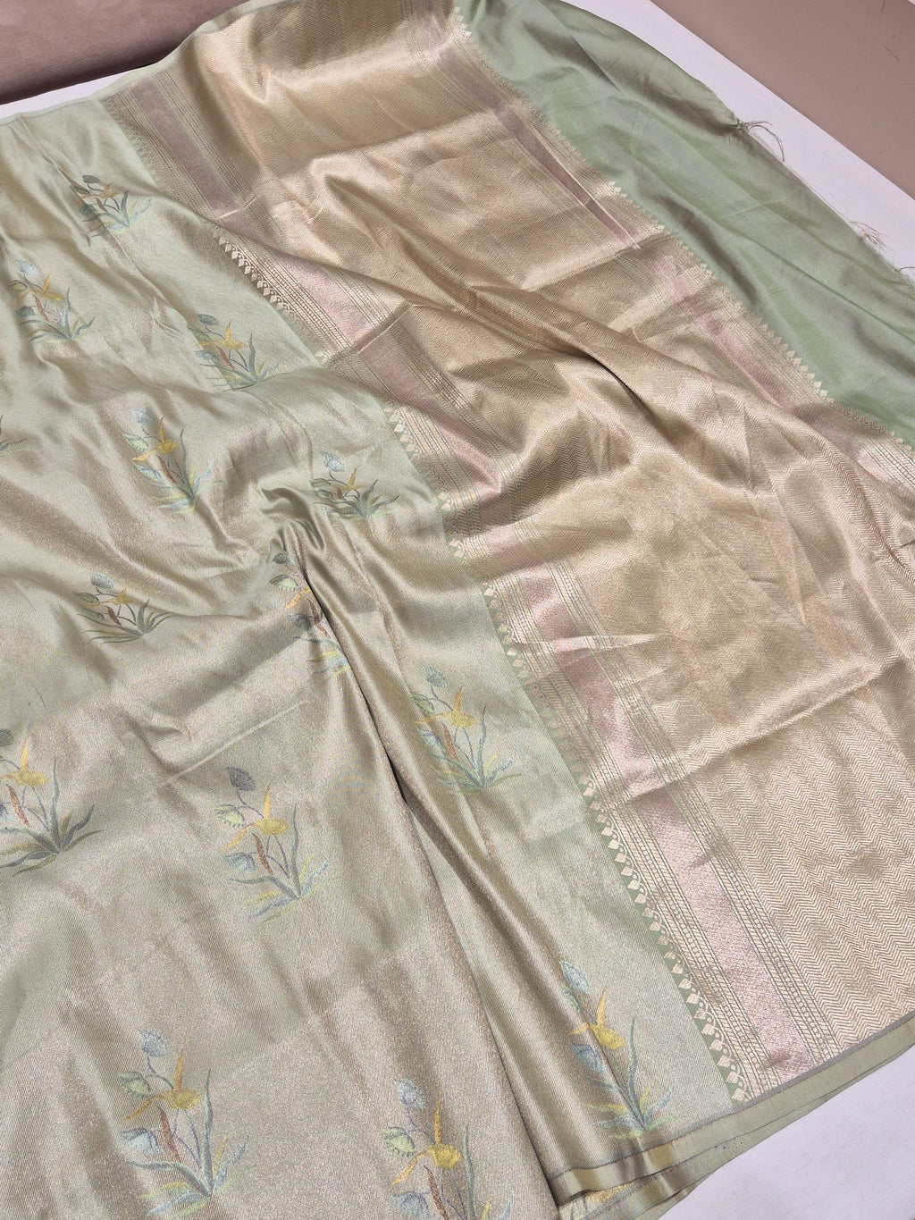 Pista Green Mulberry Silk Banarasi saree full spread
