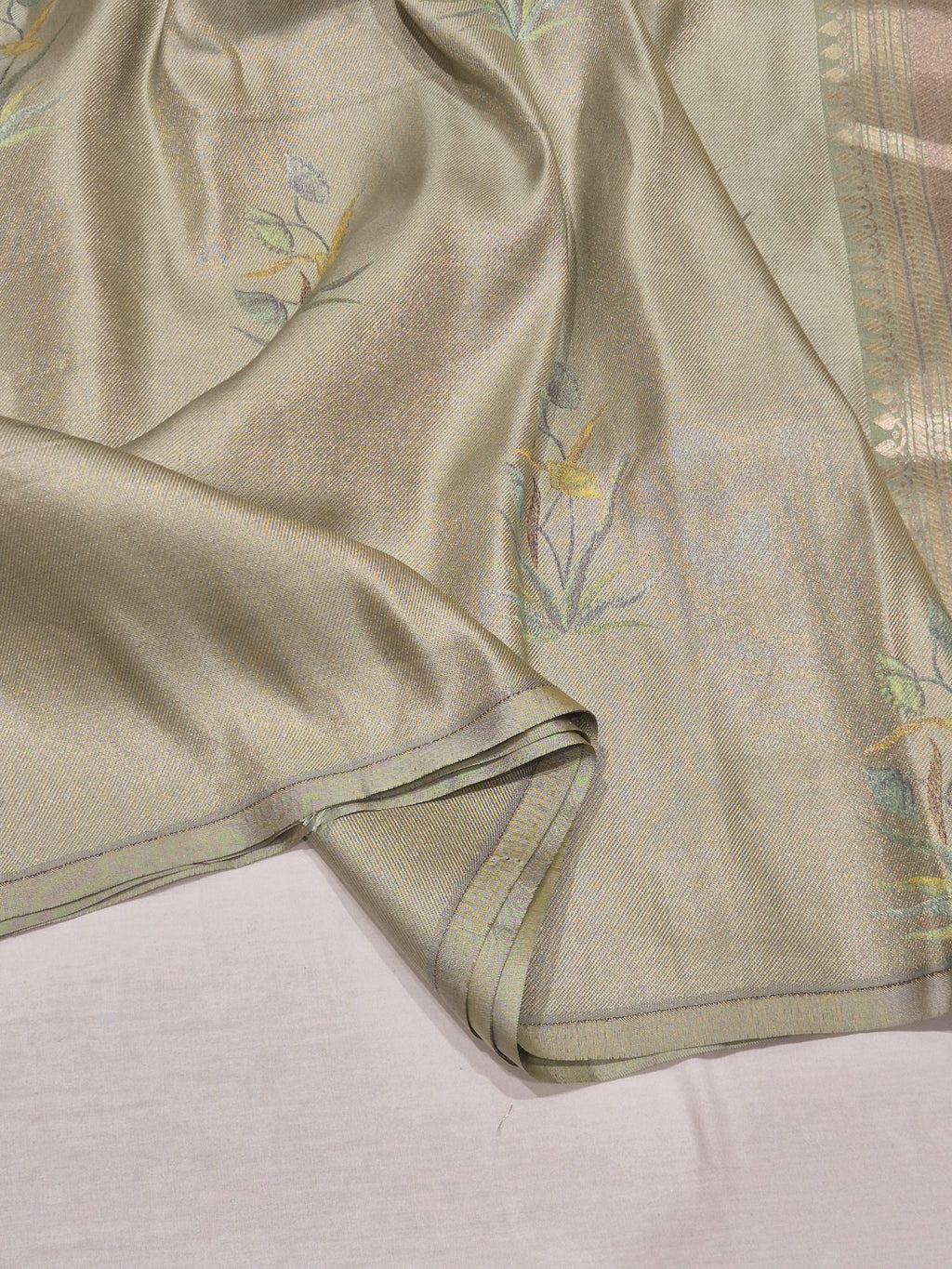 Pista Green Mulberry Silk Banarasi saree texture detail