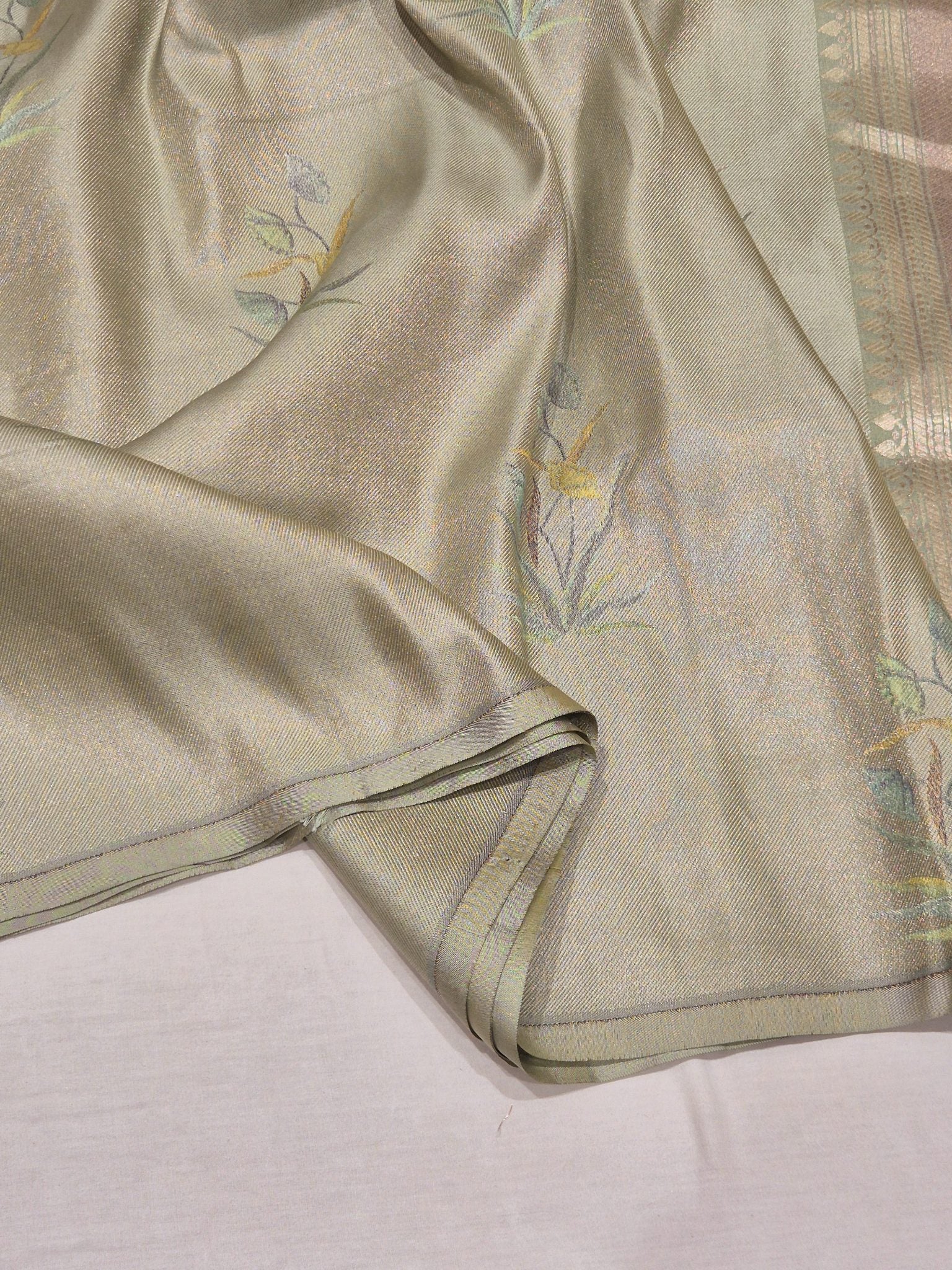 Pista Green Mulberry Silk Banarasi saree texture detail