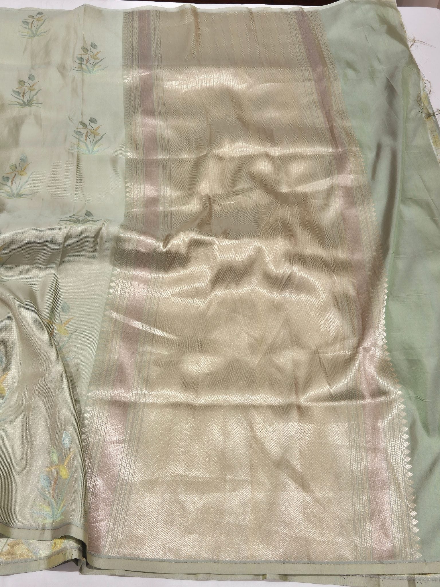 Pista Green Mulberry Silk Banarasi saree zari work detail