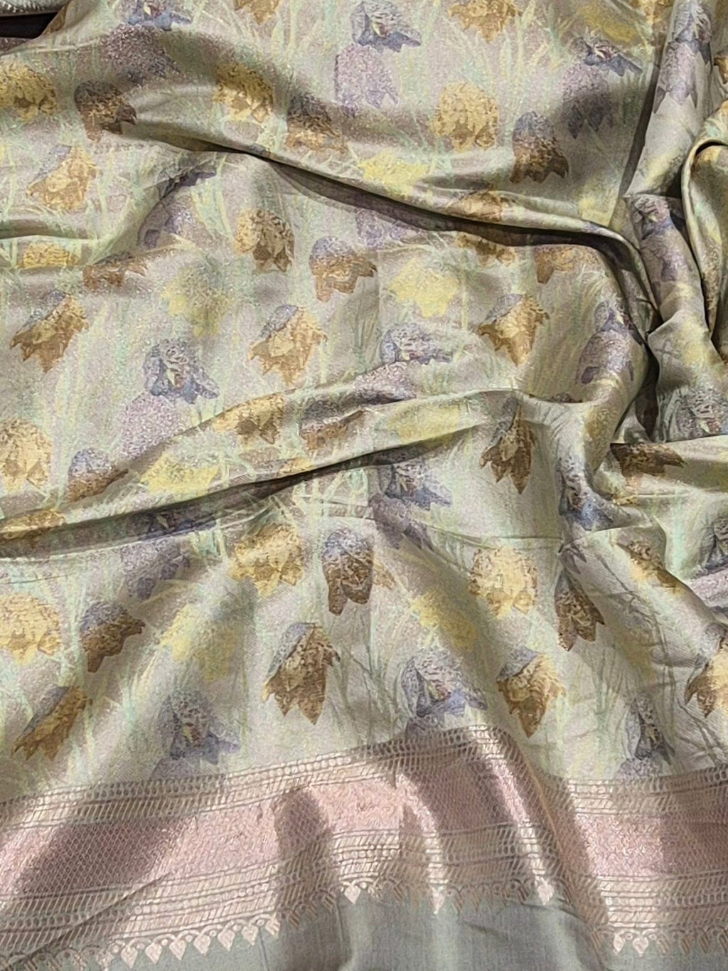 Pista Green Mulberry Silk Banarasi saree folded view
