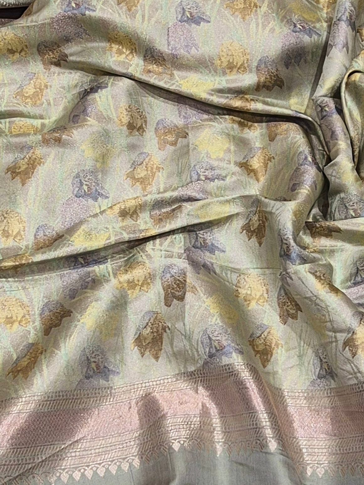 Pista Green Mulberry Silk Banarasi saree folded view