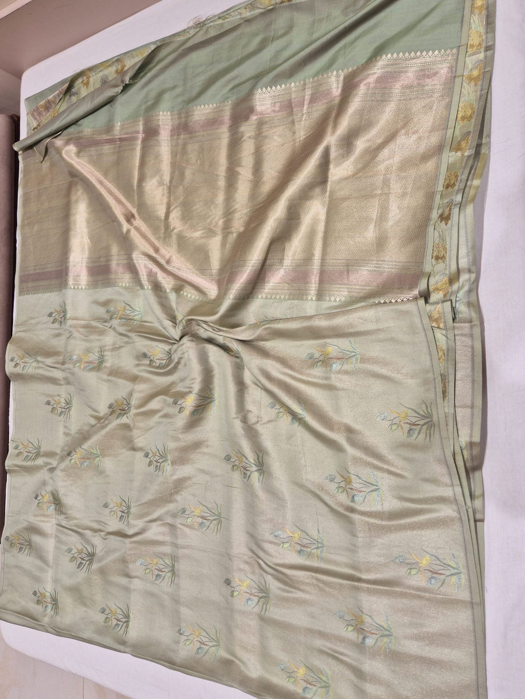 Pista Green Mulberry Silk Banarasi saree front drape view
