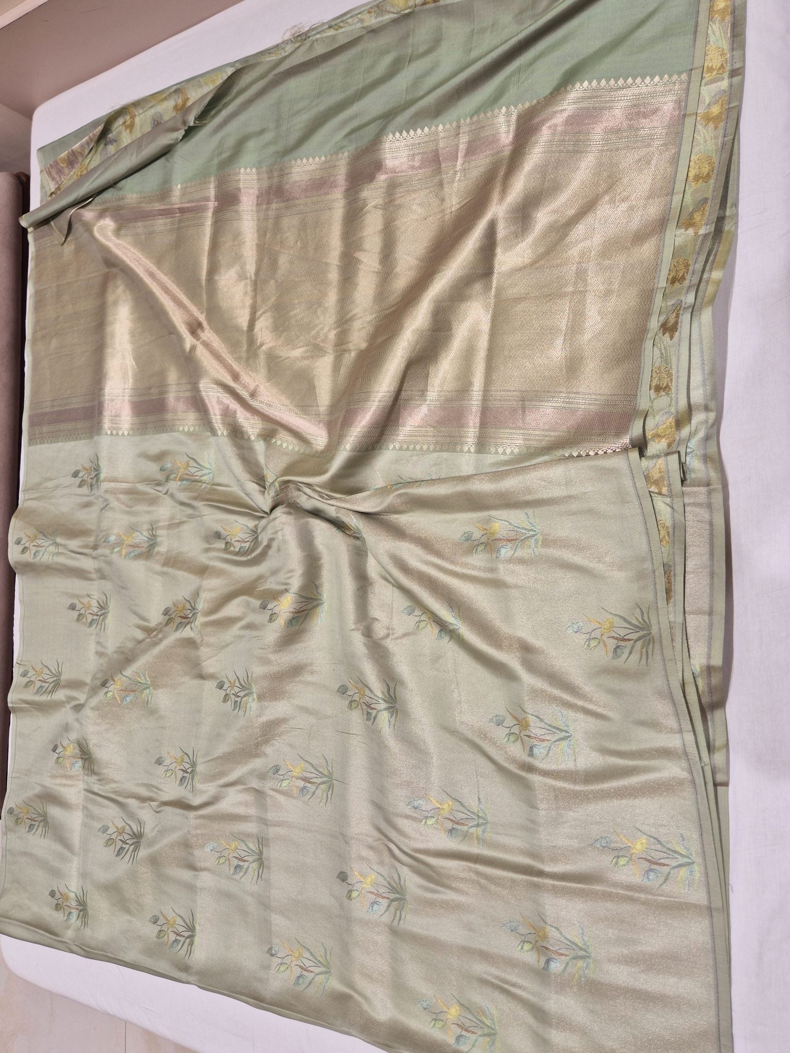 Pista Green Mulberry Silk Banarasi saree front drape view