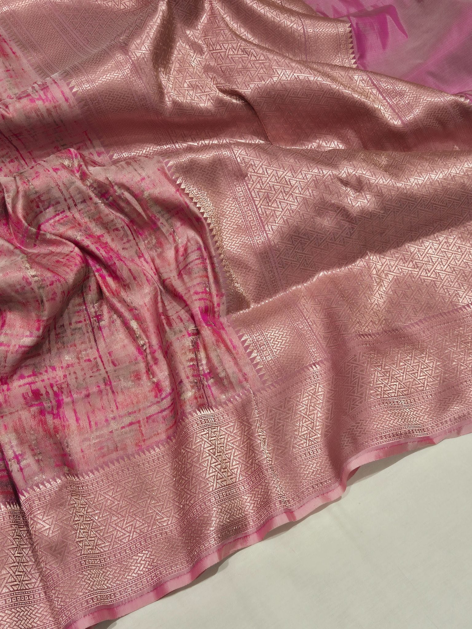 Pink Mulberry Silk Banarasi saree front drape view