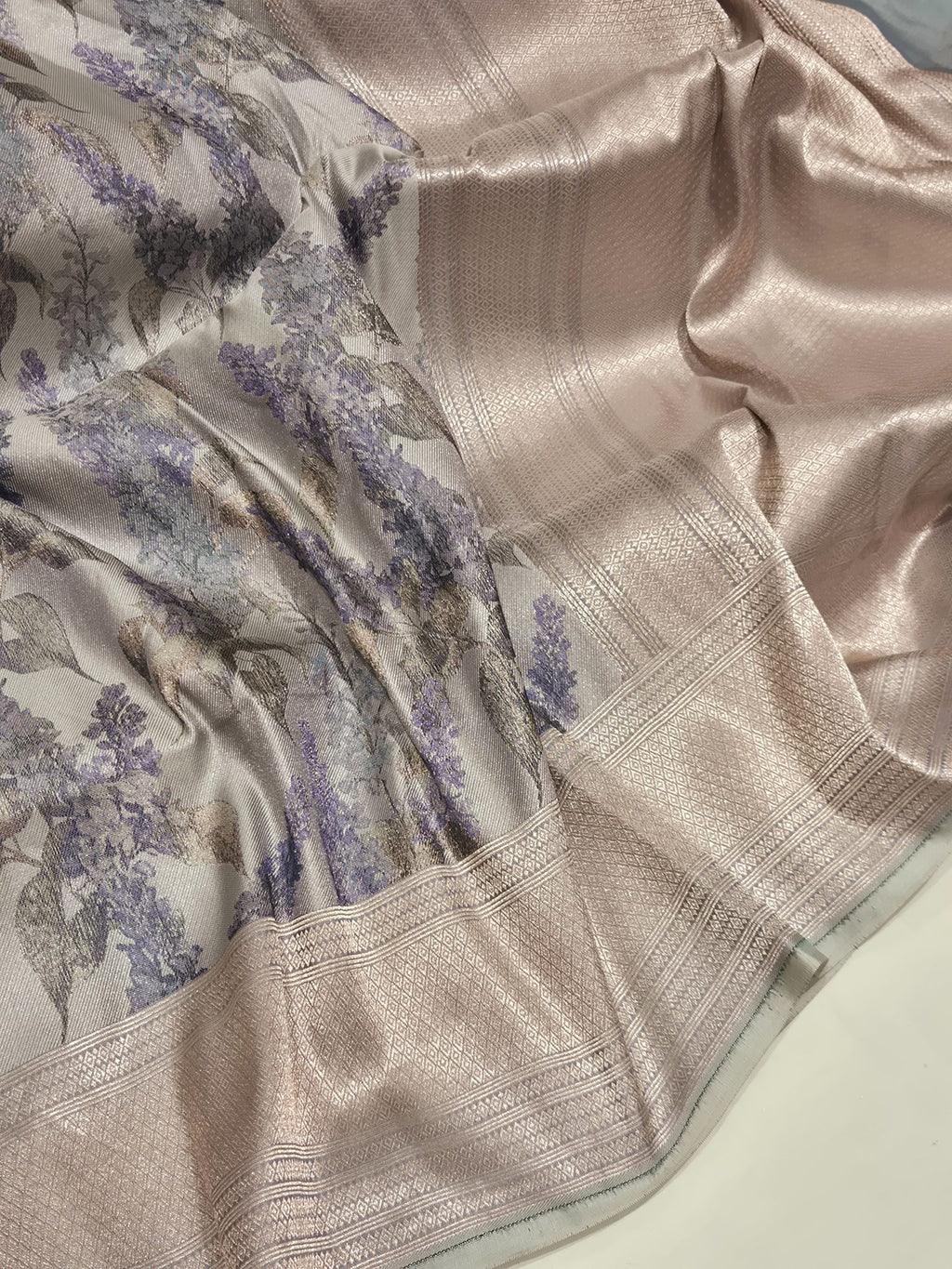 Bluish Grey Mulberry Silk Banarasi saree front drape view