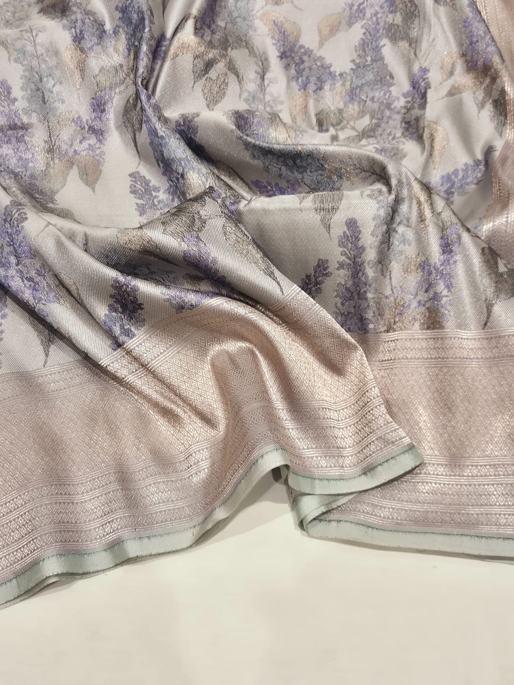 Bluish Grey Mulberry Silk Banarasi saree full spread