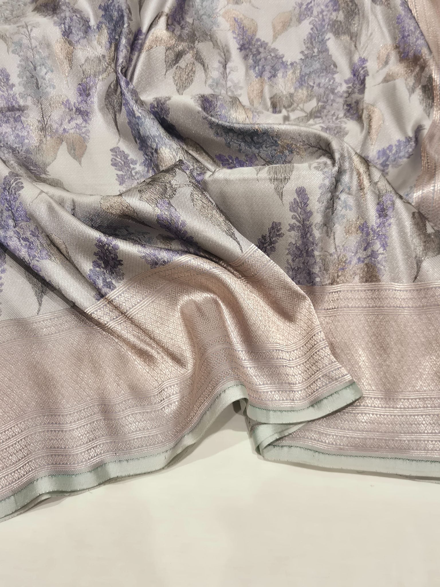 Bluish Grey Mulberry Silk Banarasi saree full spread