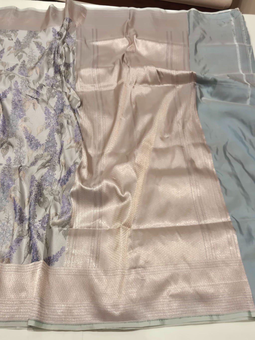 Bluish Grey Mulberry Silk Banarasi saree texture detail