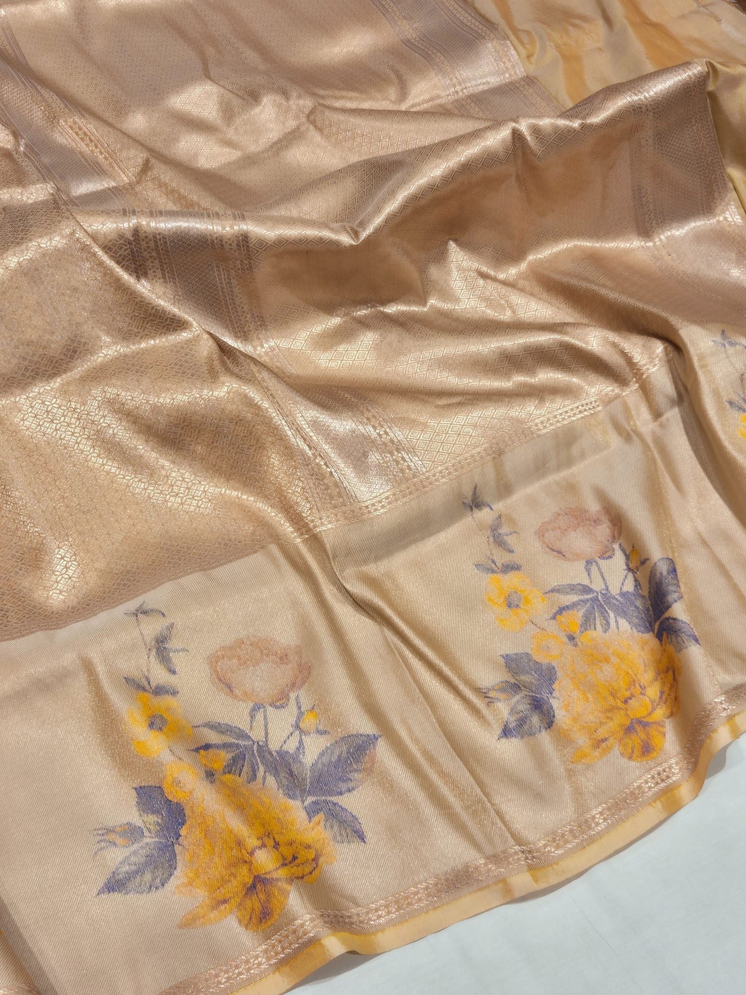 Apricot Mulberry Silk Banarasi saree front drape view