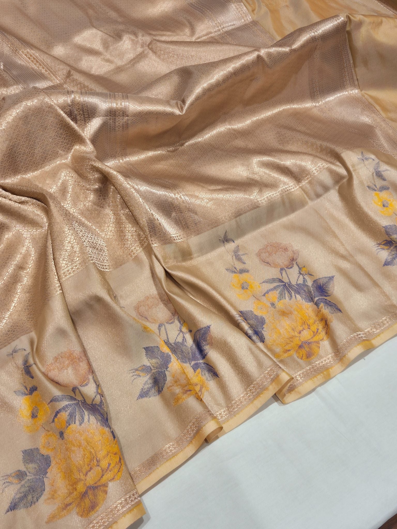 Apricot Mulberry Silk Banarasi saree texture detail