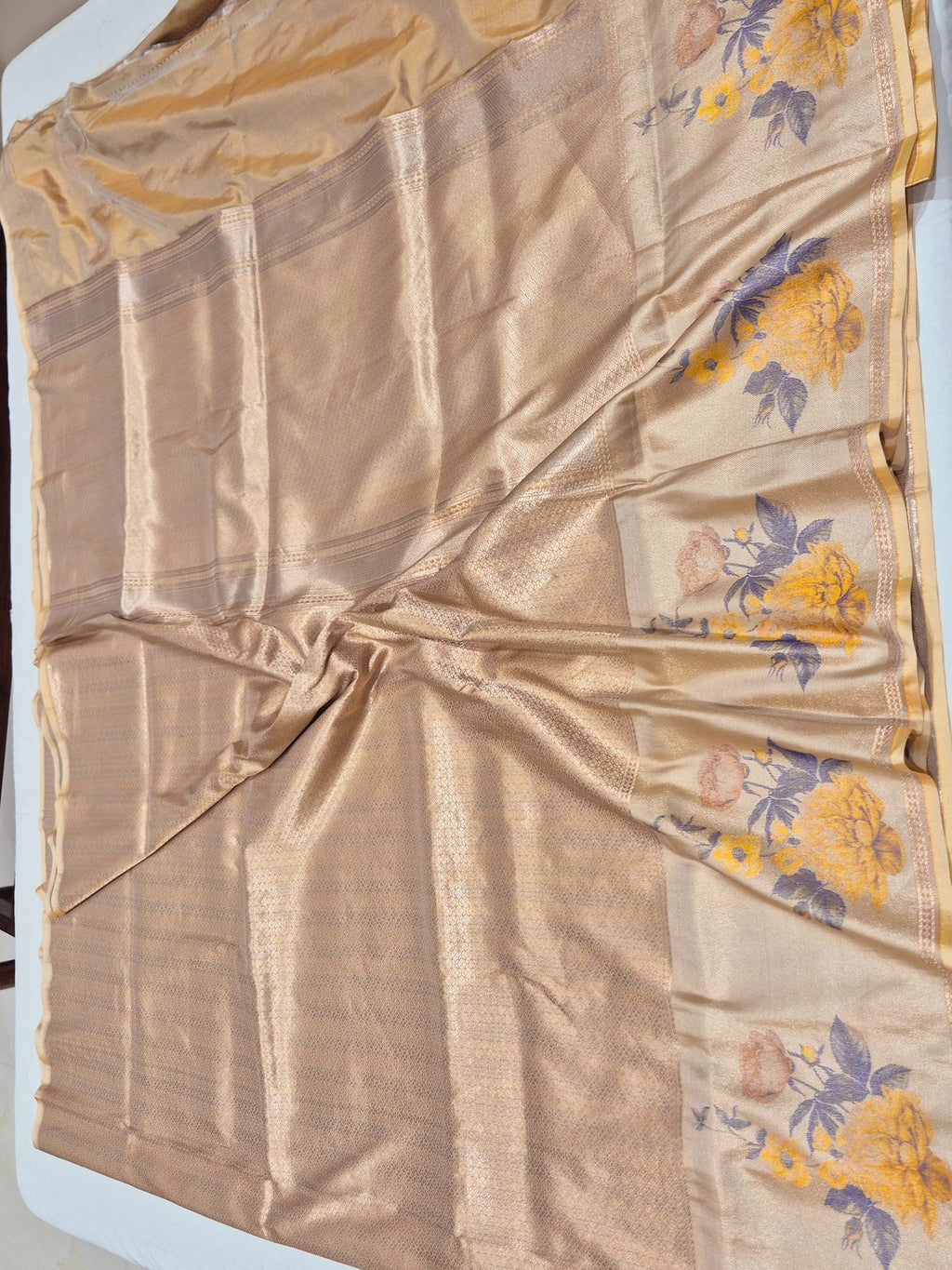 Apricot Mulberry Silk Banarasi saree folded view