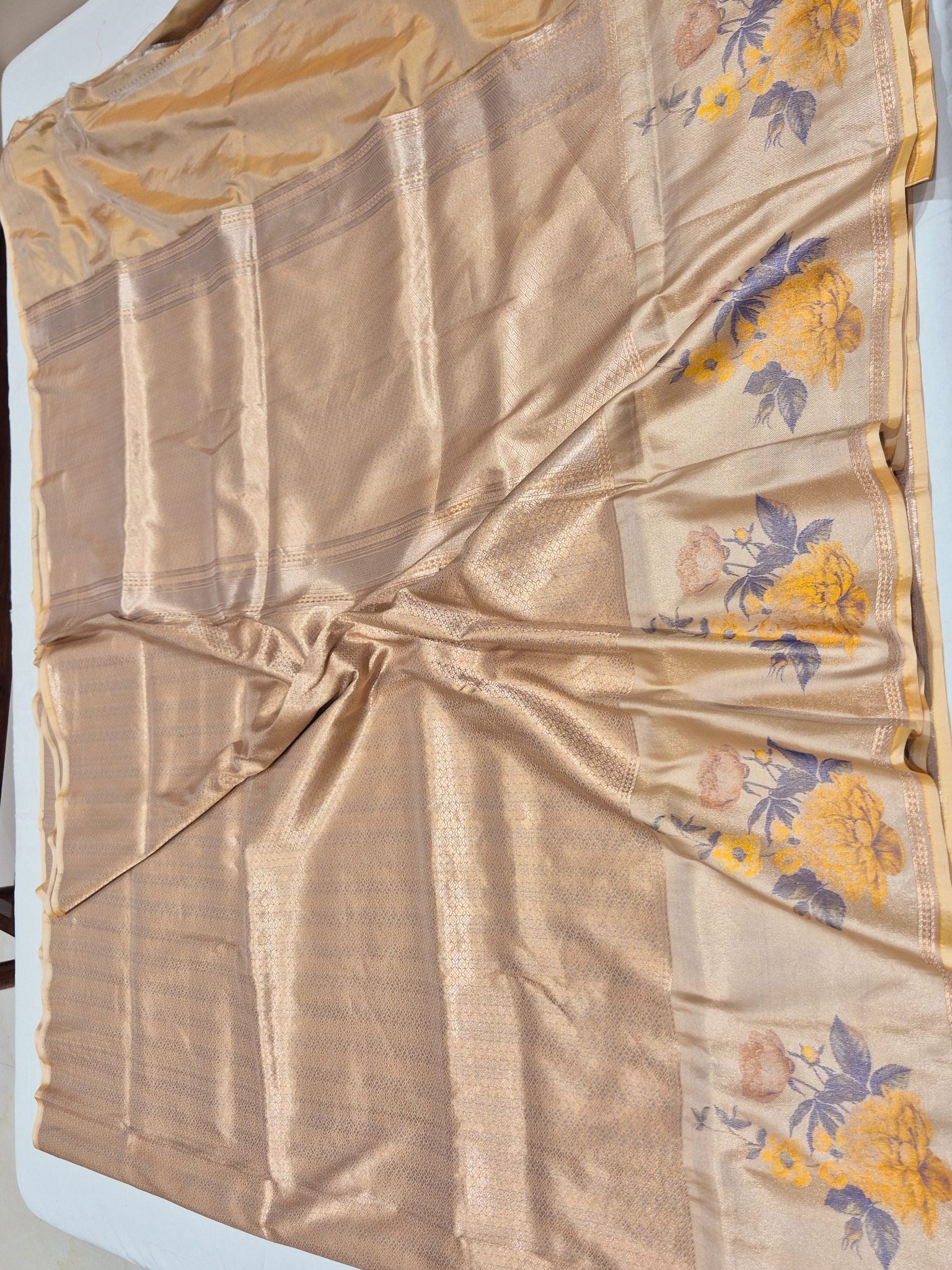 Apricot Mulberry Silk Banarasi saree folded view