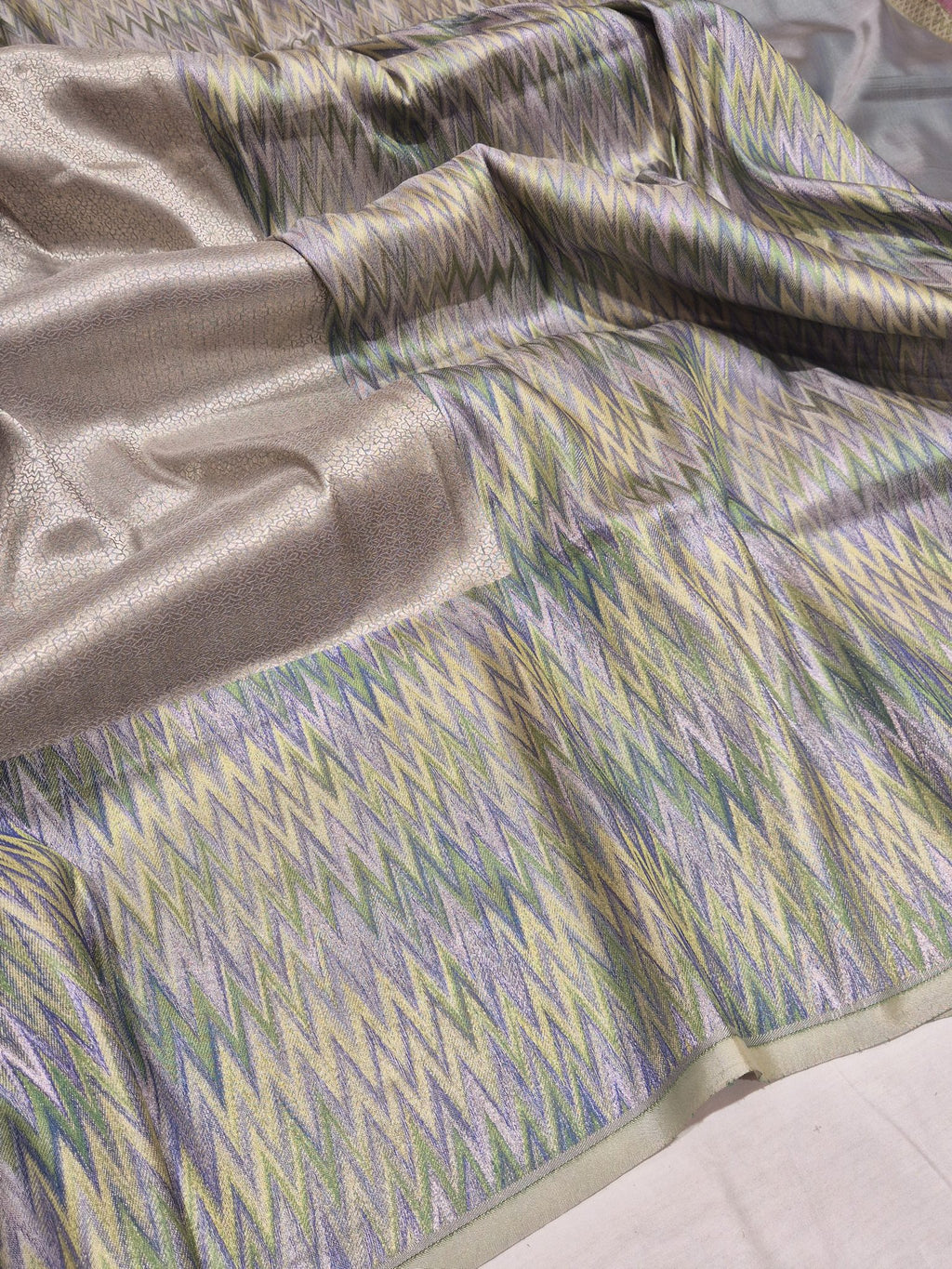Sea Foam Mulberry Silk Banarasi saree front drape view