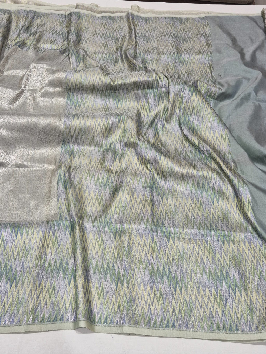 Sea Foam Mulberry Silk Banarasi saree full spread