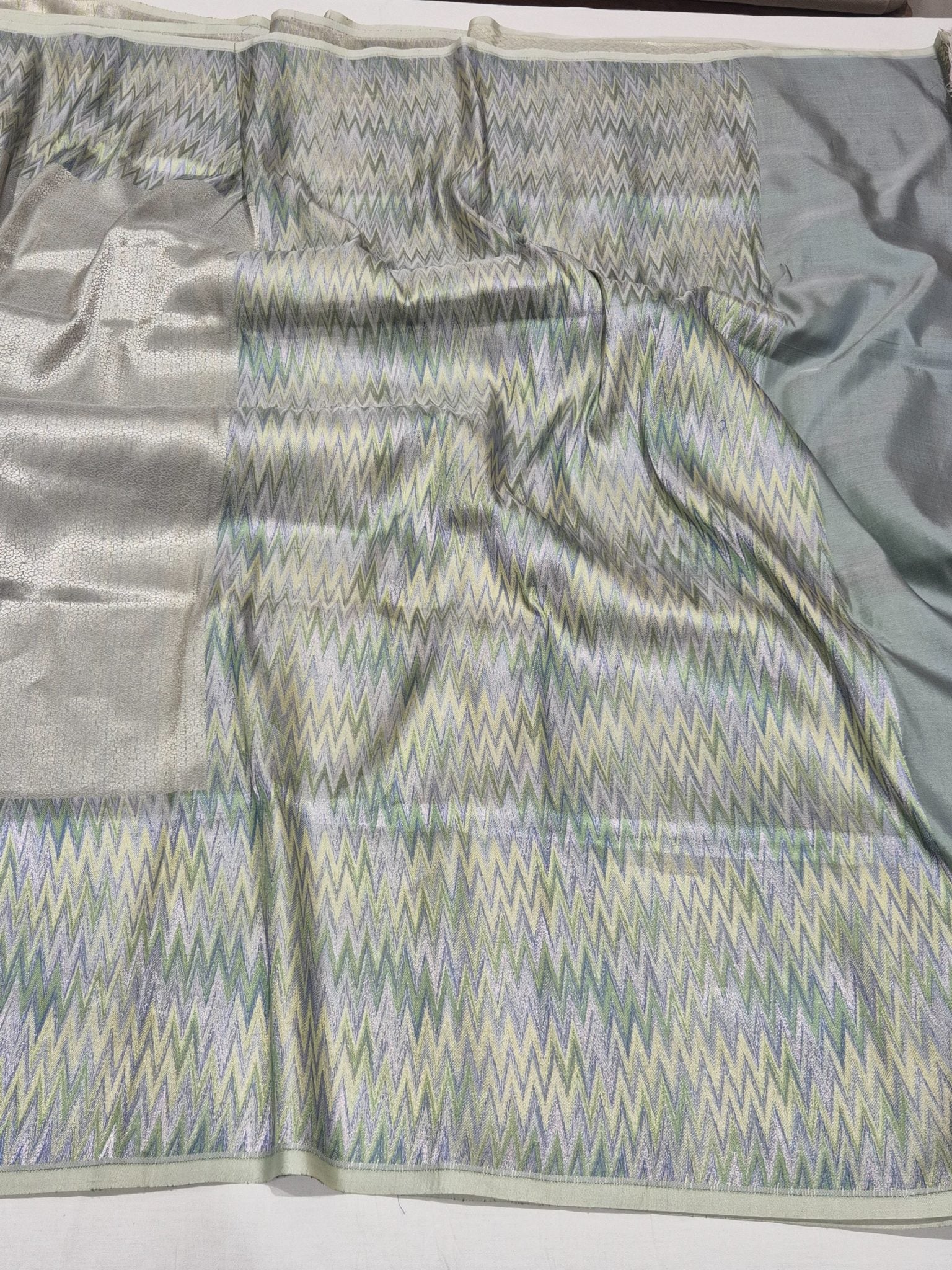 Sea Foam Mulberry Silk Banarasi saree full spread