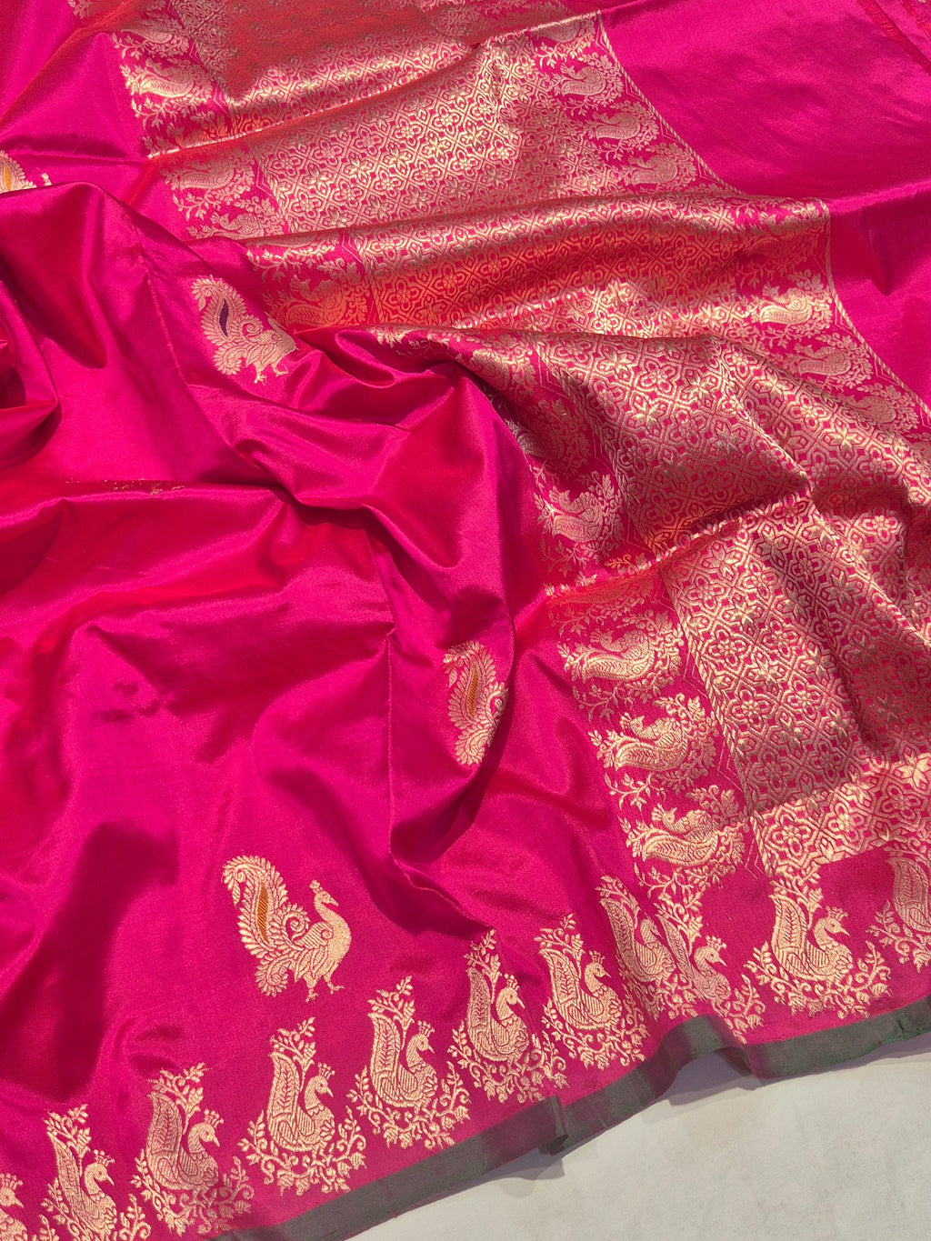 Rani Pink Katan Silk Banarasi saree front drape view