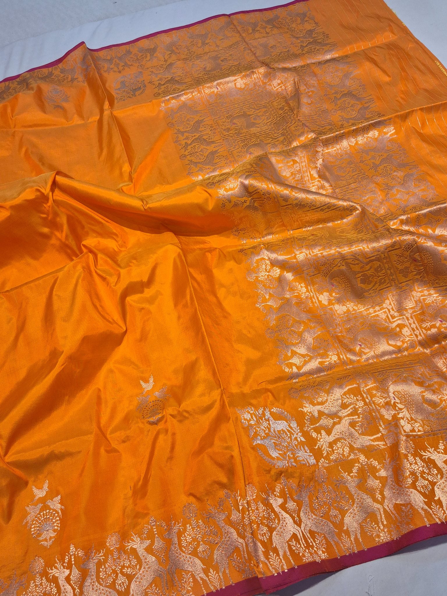 Orange Katan Silk Banarasi saree pallu detail