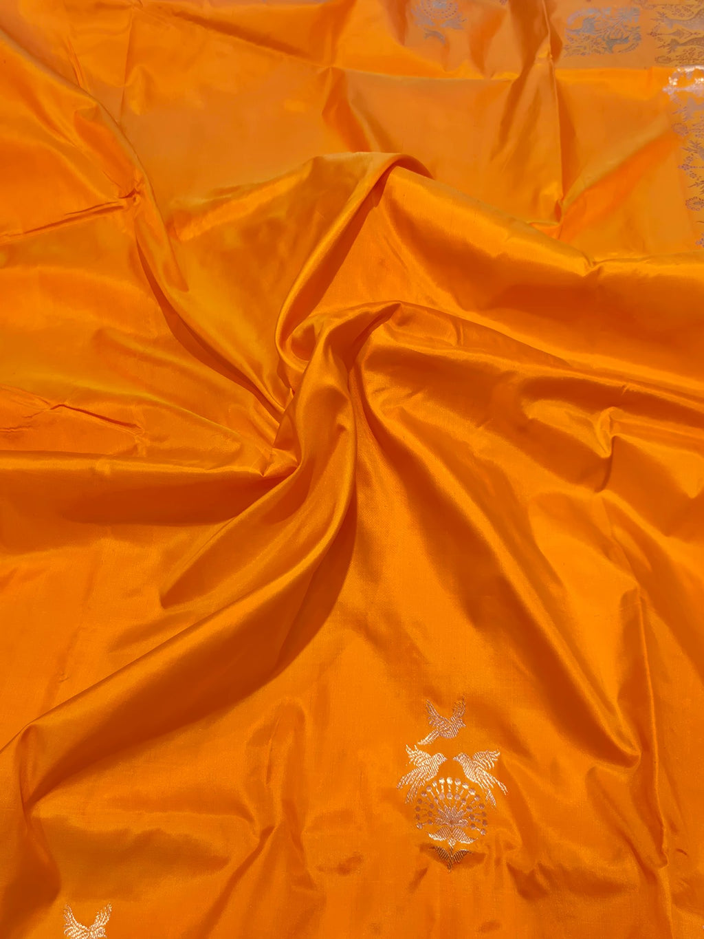 Orange Katan Silk Banarasi saree border closeup