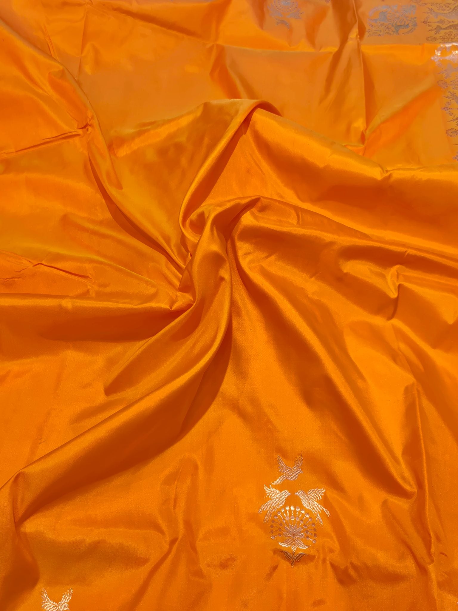 Orange Katan Silk Banarasi saree border closeup