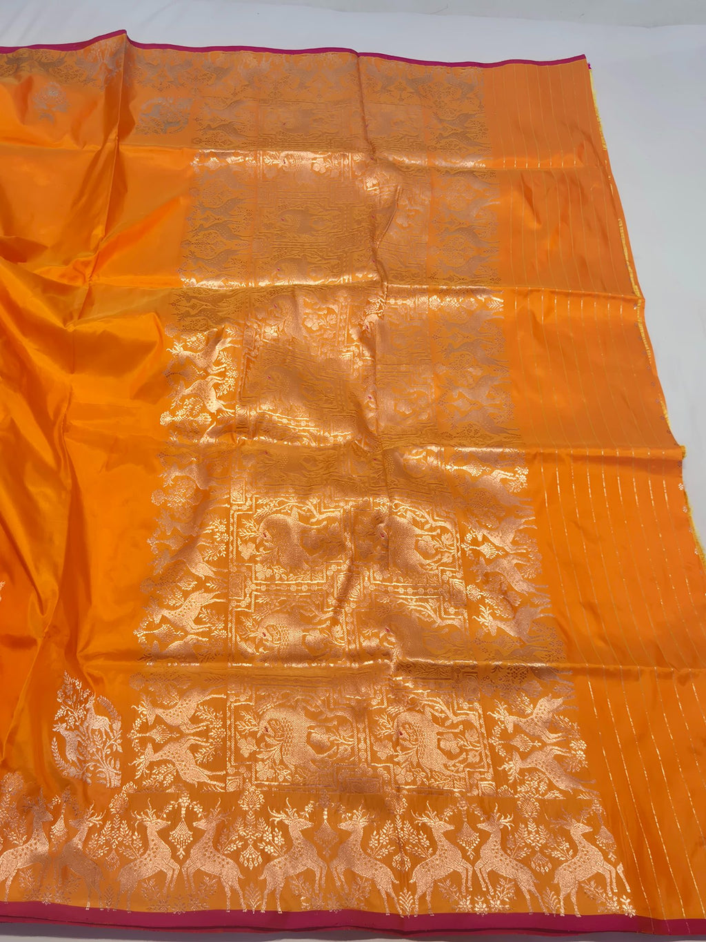 Orange Katan Silk Banarasi saree full spread