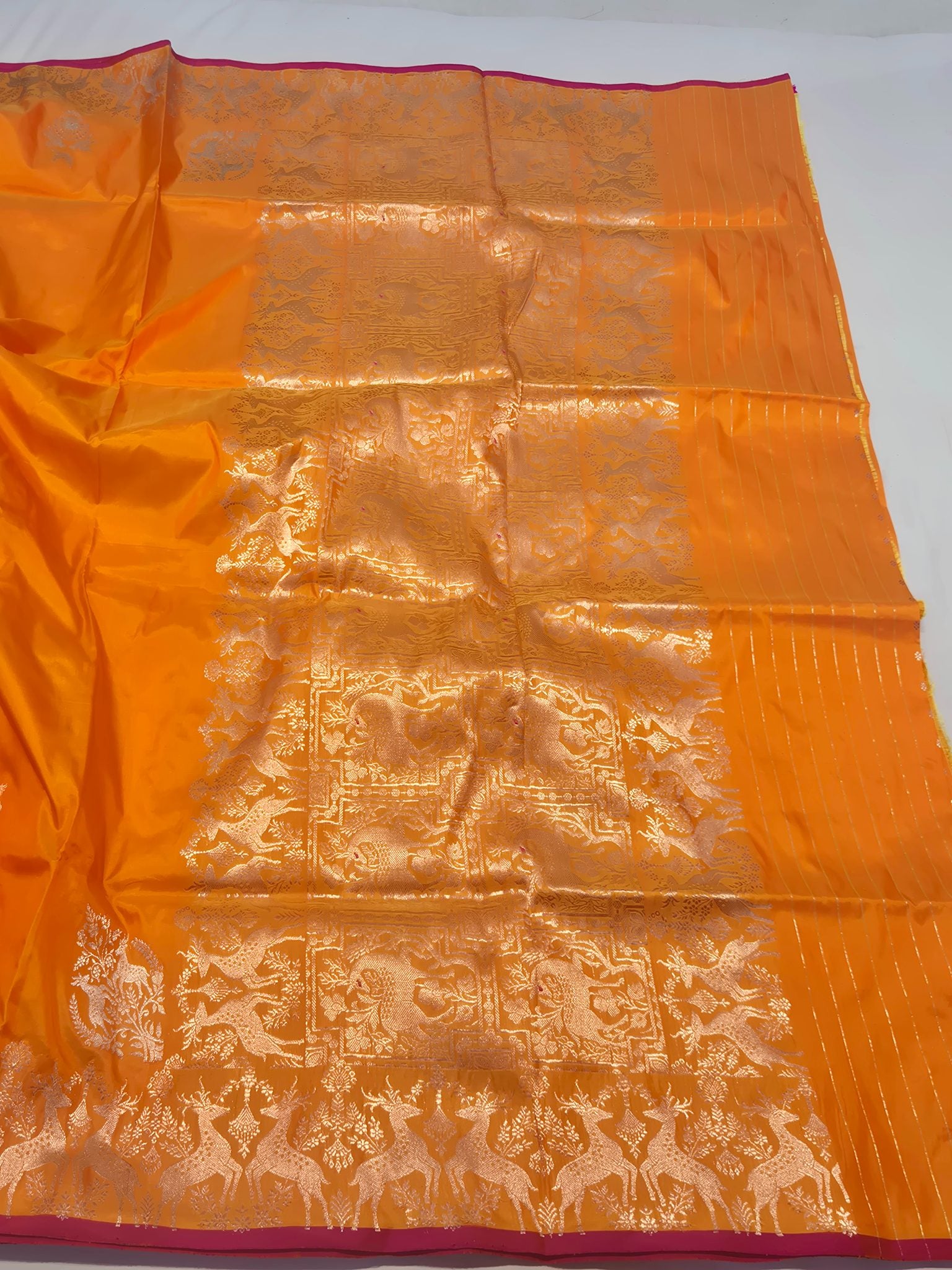 Orange Katan Silk Banarasi saree full spread