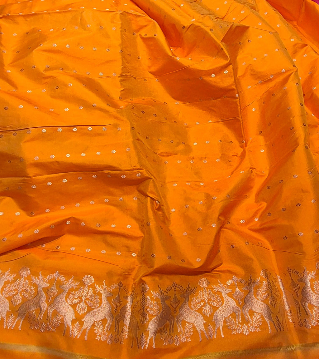 Orange Katan Silk Banarasi saree texture detail
