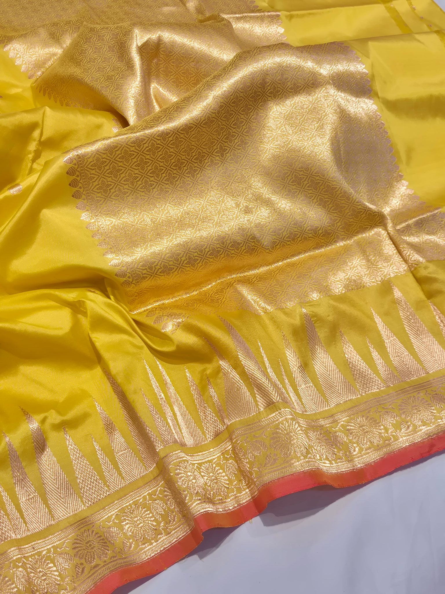Yellow Katan Silk Banarasi saree front drape view
