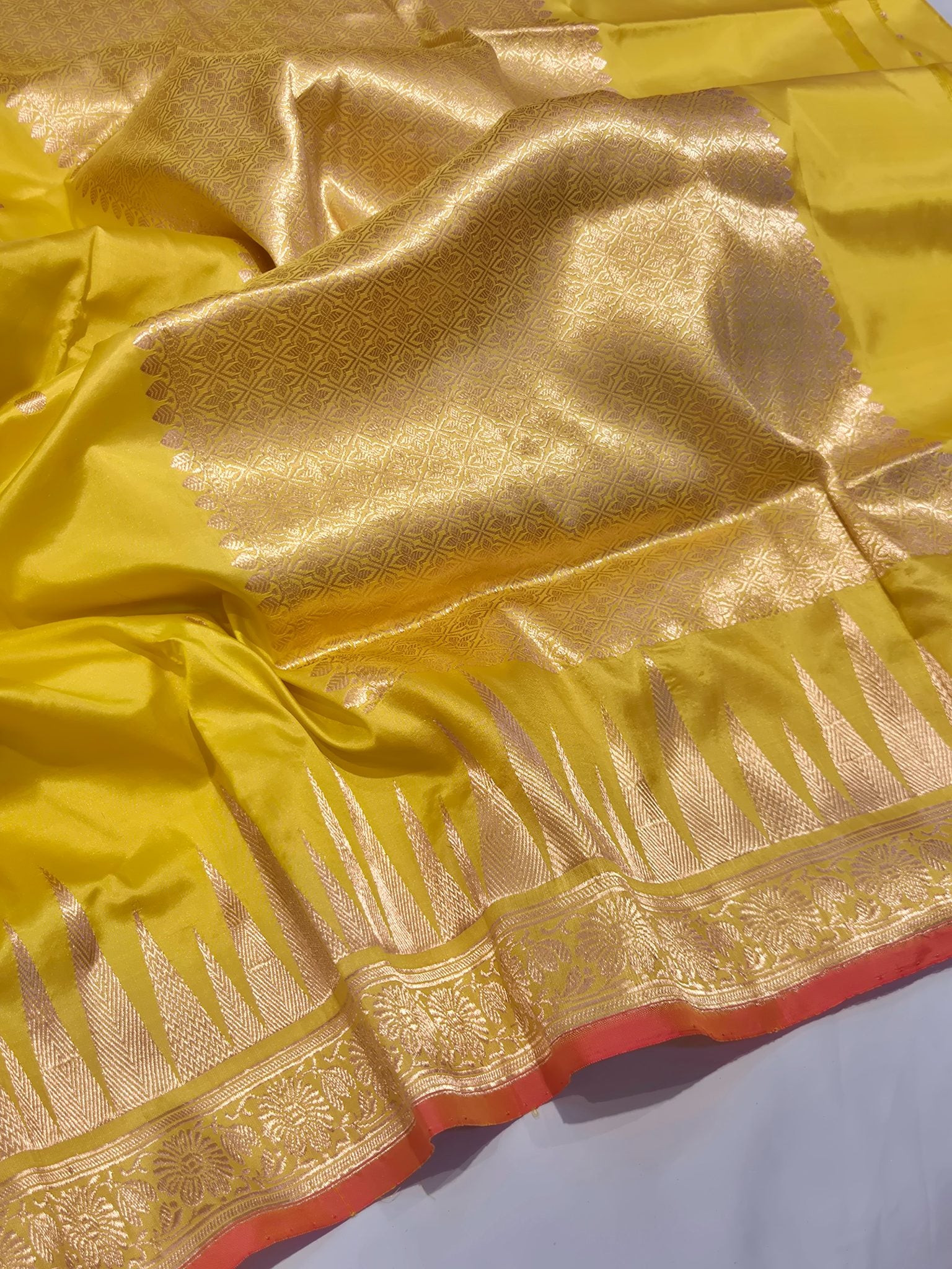 Yellow Katan Silk Banarasi saree border closeup