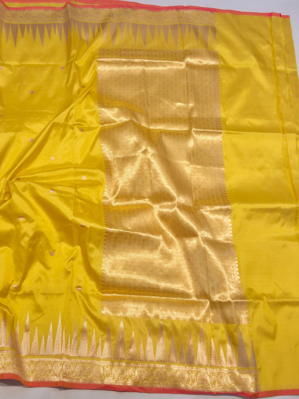 Yellow Katan Silk Banarasi saree full spread