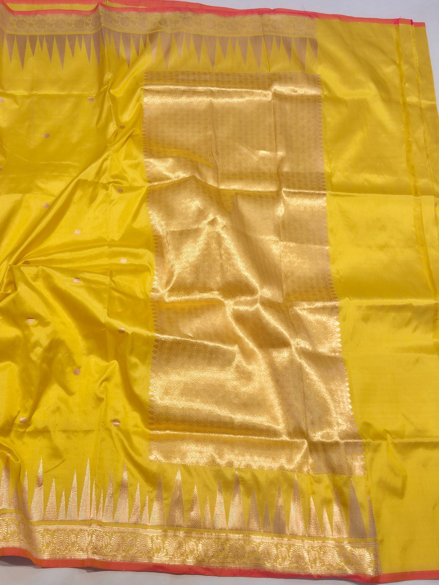 Yellow Katan Silk Banarasi saree full spread