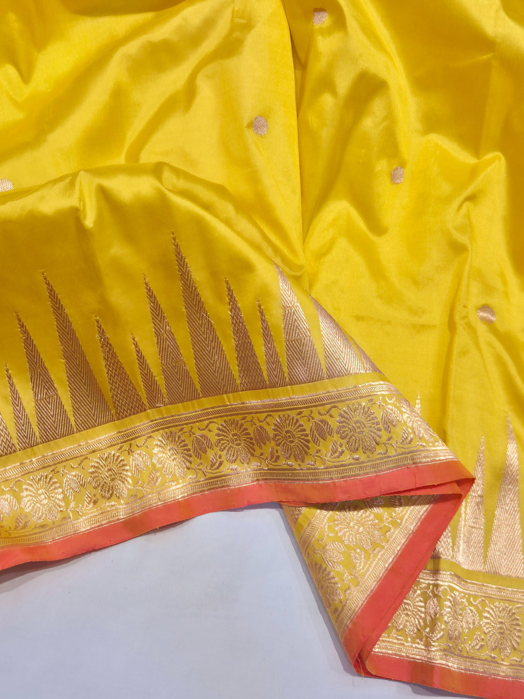Yellow Katan Silk Banarasi saree texture detail
