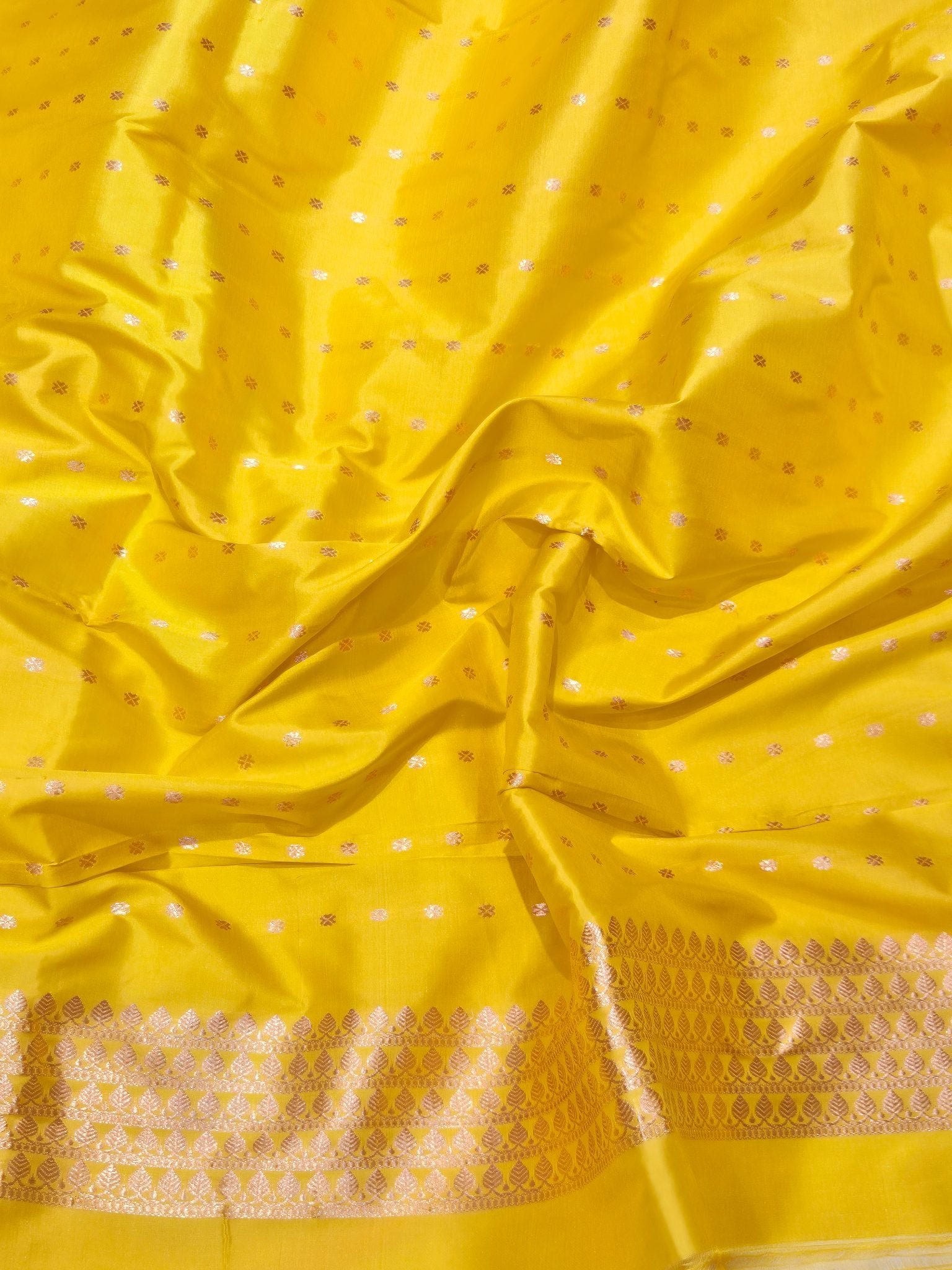 Yellow Katan Silk Banarasi saree zari work detail