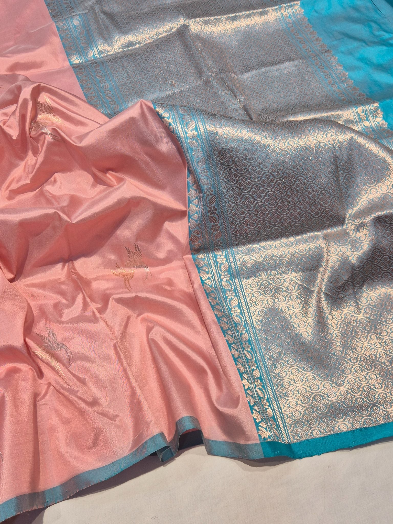 Onion Pink Katan Silk Banarasi saree front drape view