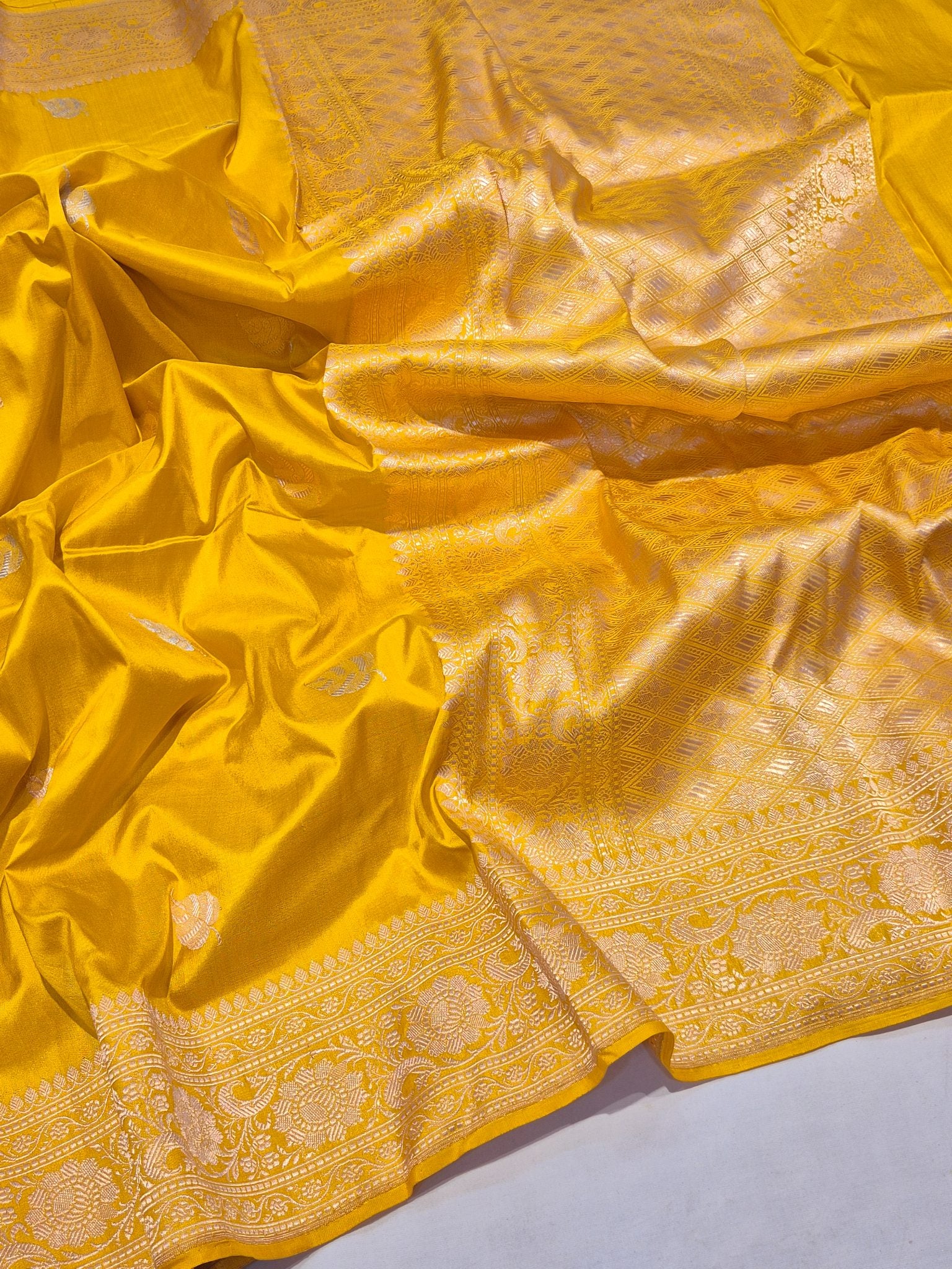 Yellow Katan Silk Banarasi saree front drape view