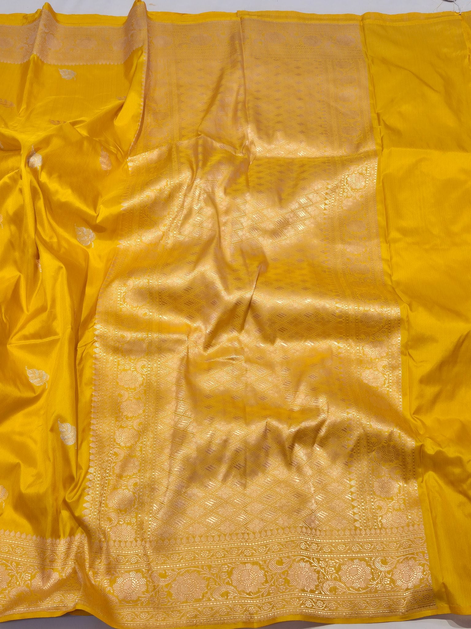 Yellow Katan Silk Banarasi saree full spread