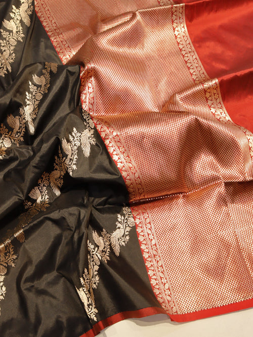 Black Katan Silk Banarasi saree front drape view