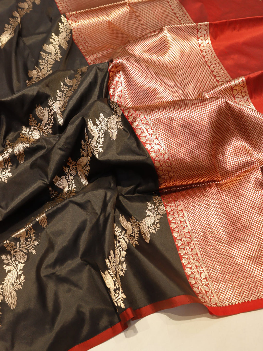 Black Katan Silk Banarasi saree pallu detail