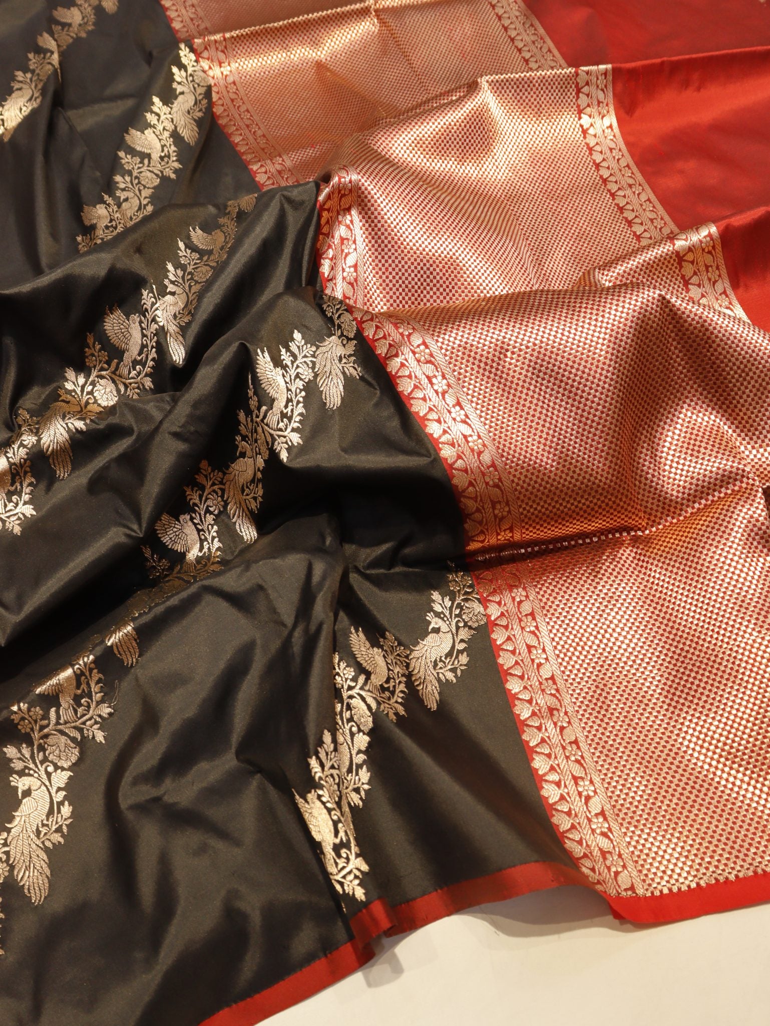 Black Katan Silk Banarasi saree pallu detail