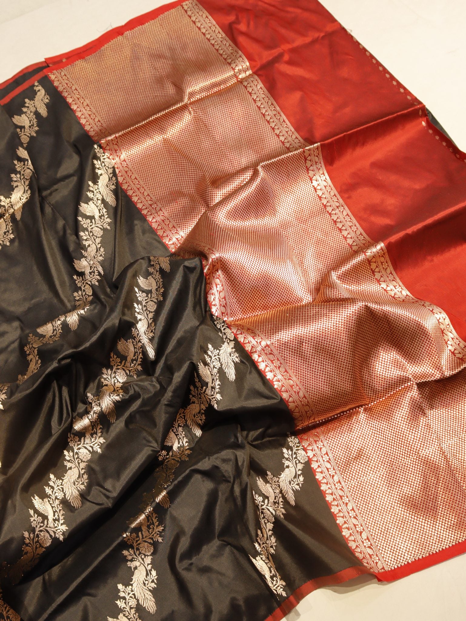 Black Katan Silk Banarasi saree border closeup