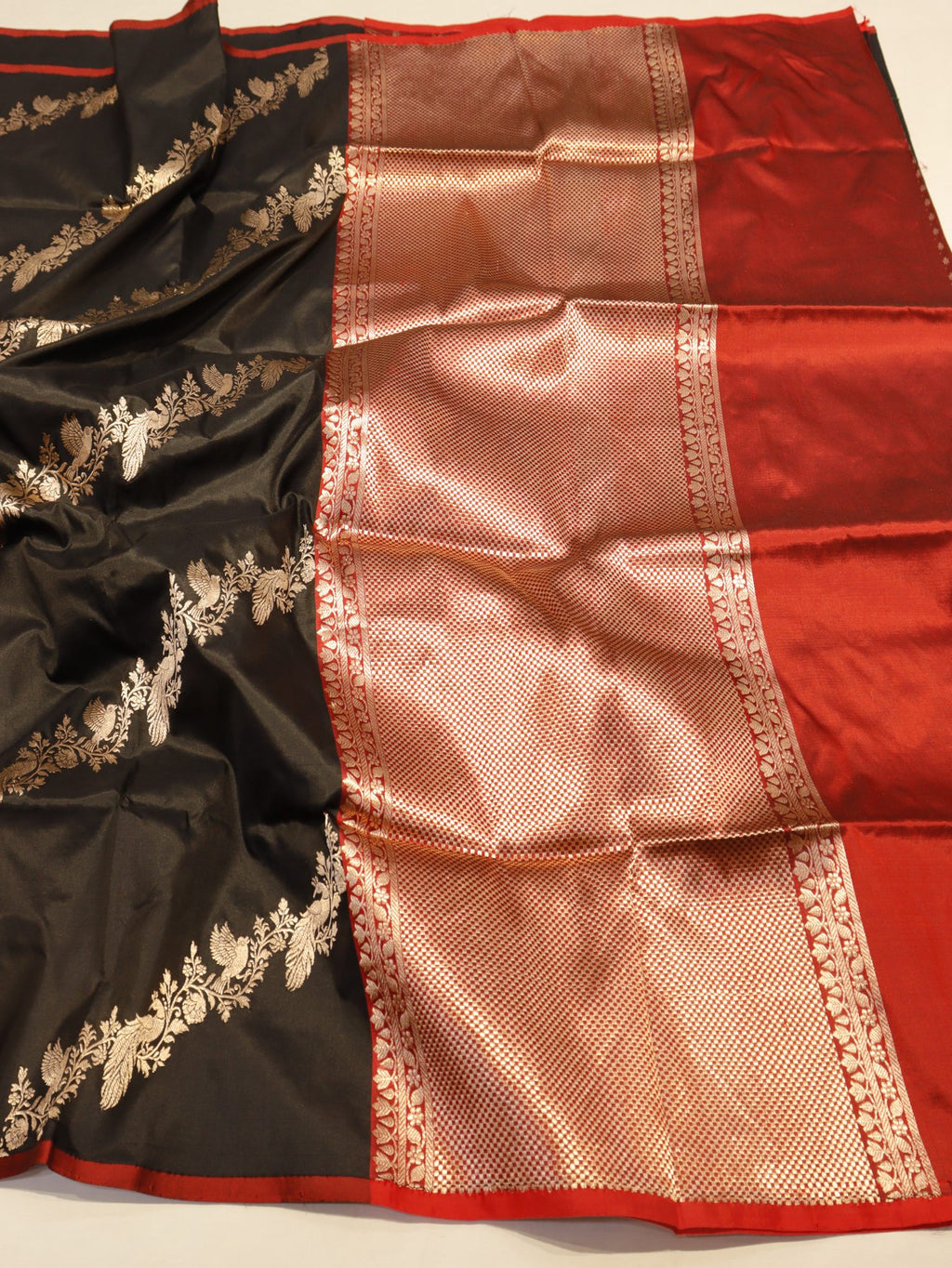 Black Katan Silk Banarasi saree texture detail