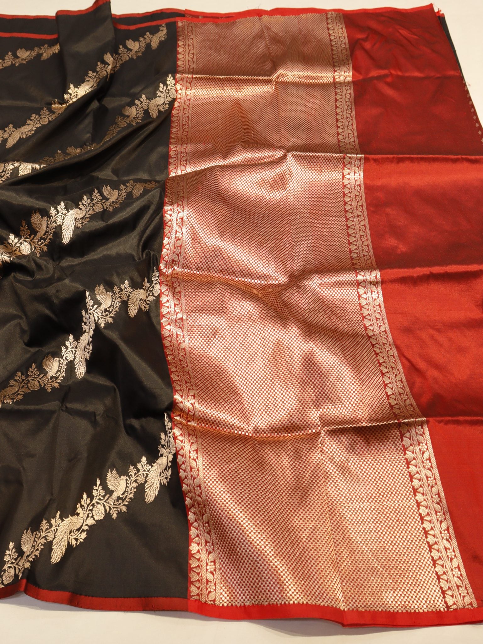 Black Katan Silk Banarasi saree texture detail