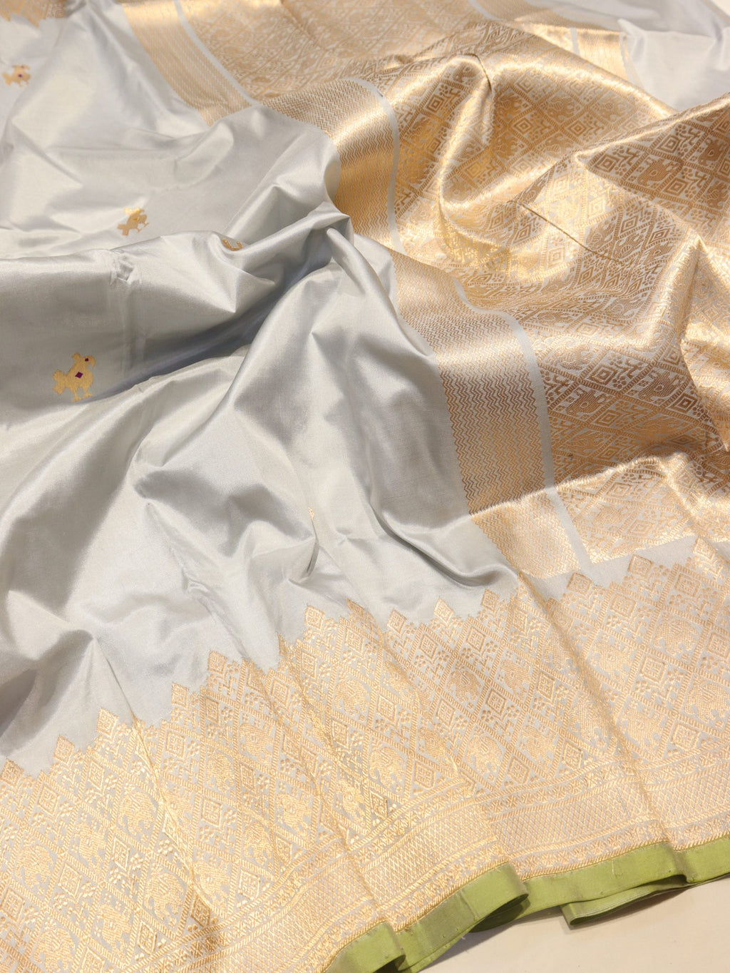 Ocean Mist Katan Silk Banarasi saree front drape view