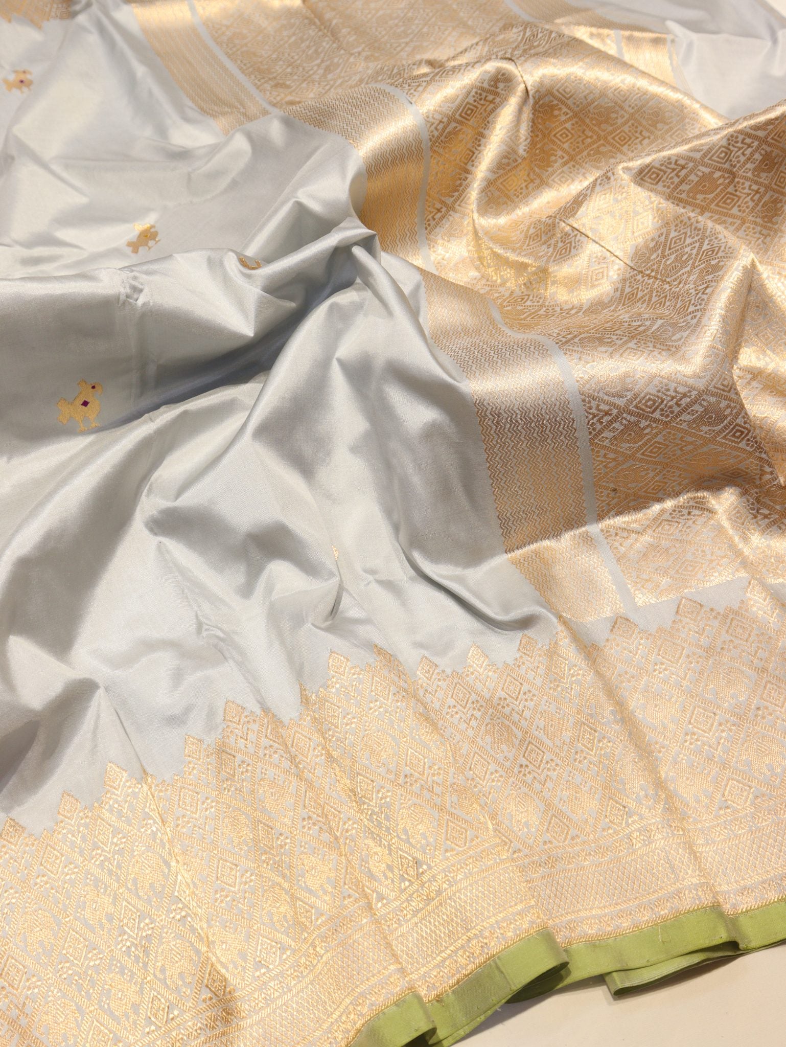 Ocean Mist Katan Silk Banarasi saree front drape view
