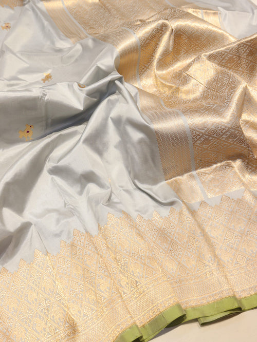 Ocean Mist Katan Silk Banarasi saree front drape view