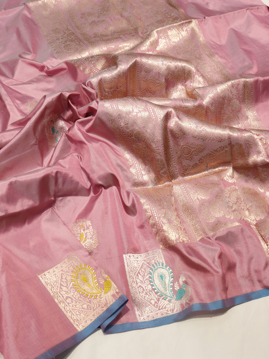 Pink Katan Silk Banarasi saree front drape view