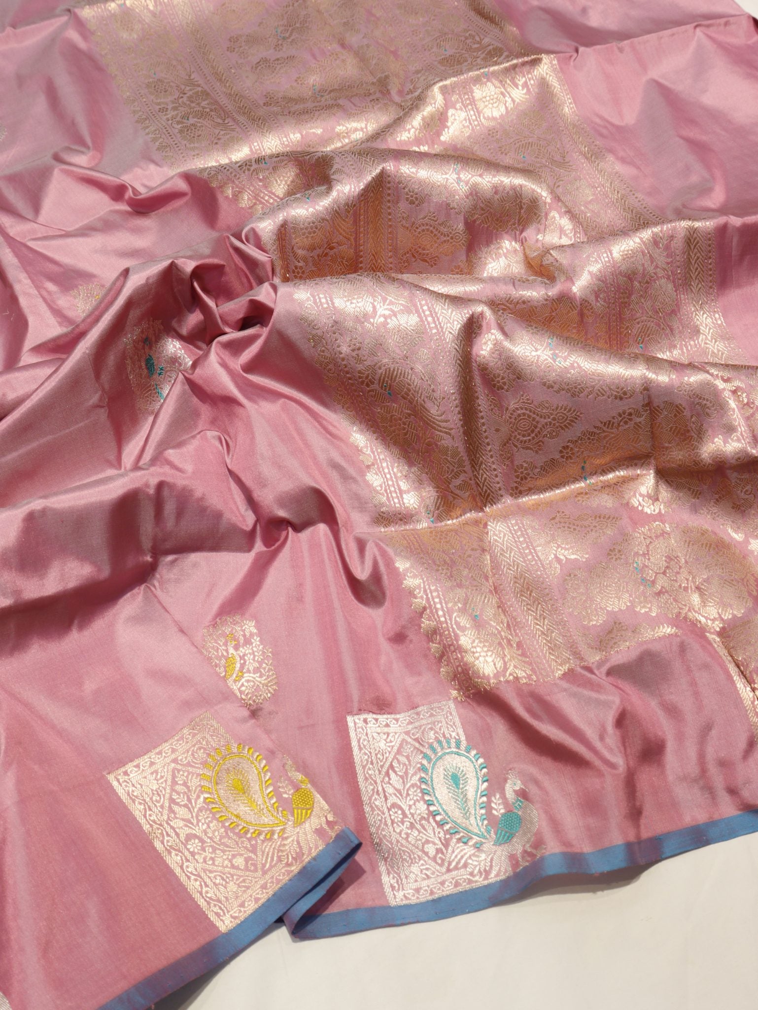Pink Katan Silk Banarasi saree front drape view